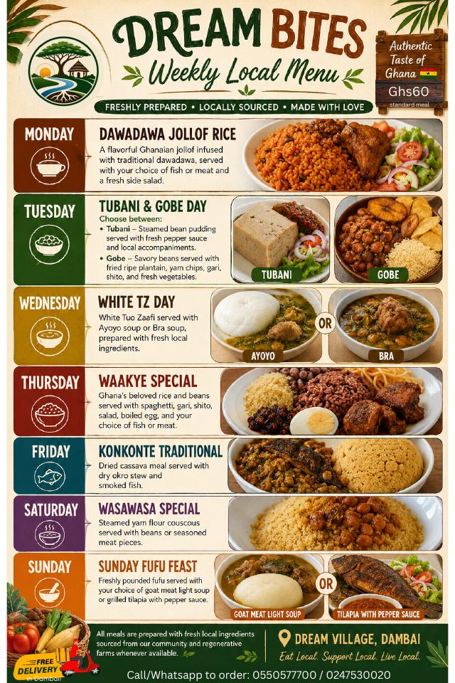 DreamBites weekly local menu featuring Ghanaian dishes