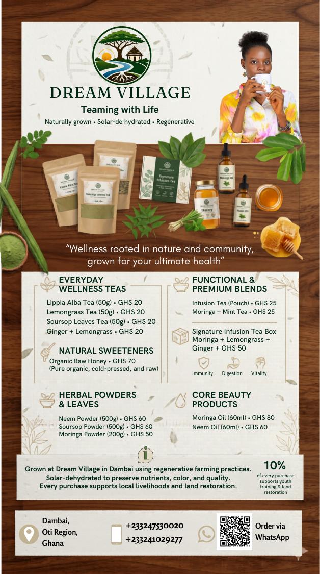 Dream Village wellness teas, natural sweeteners, powders and oils